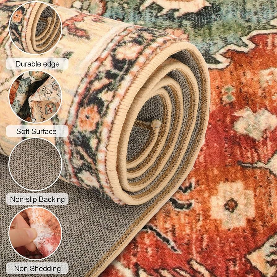 Soft Boho Area Rug, Non-Slip, Washable Carpet for Living Room/Bedroom/Dining/Office