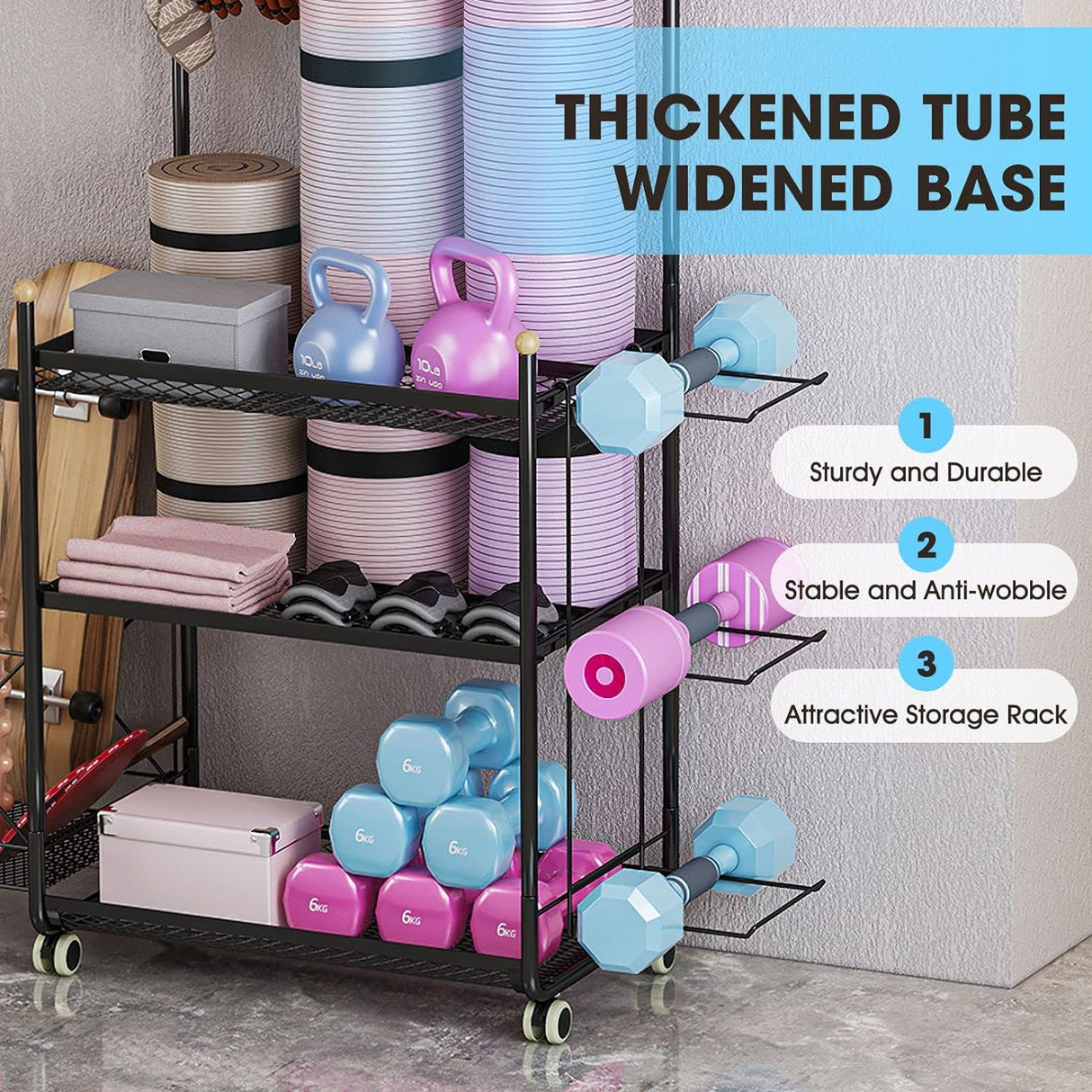 Yoga Mat Storage Rack Weight Dumbbell Kettlebell Shelves Shelf Garage Racking Holder Steel Stand Gym Organizer with Hooks Wheels