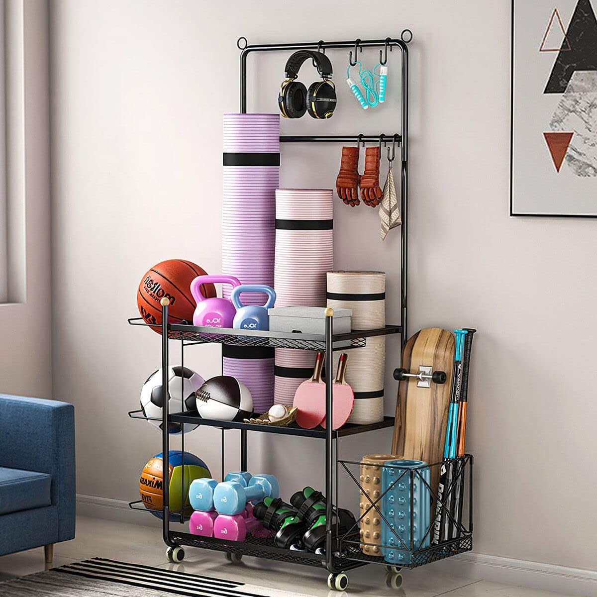 Yoga Mat Storage Rack Weight Dumbbell Kettlebell Shelves Shelf Garage Racking Holder Steel Stand Gym Organizer with Hooks Wheels