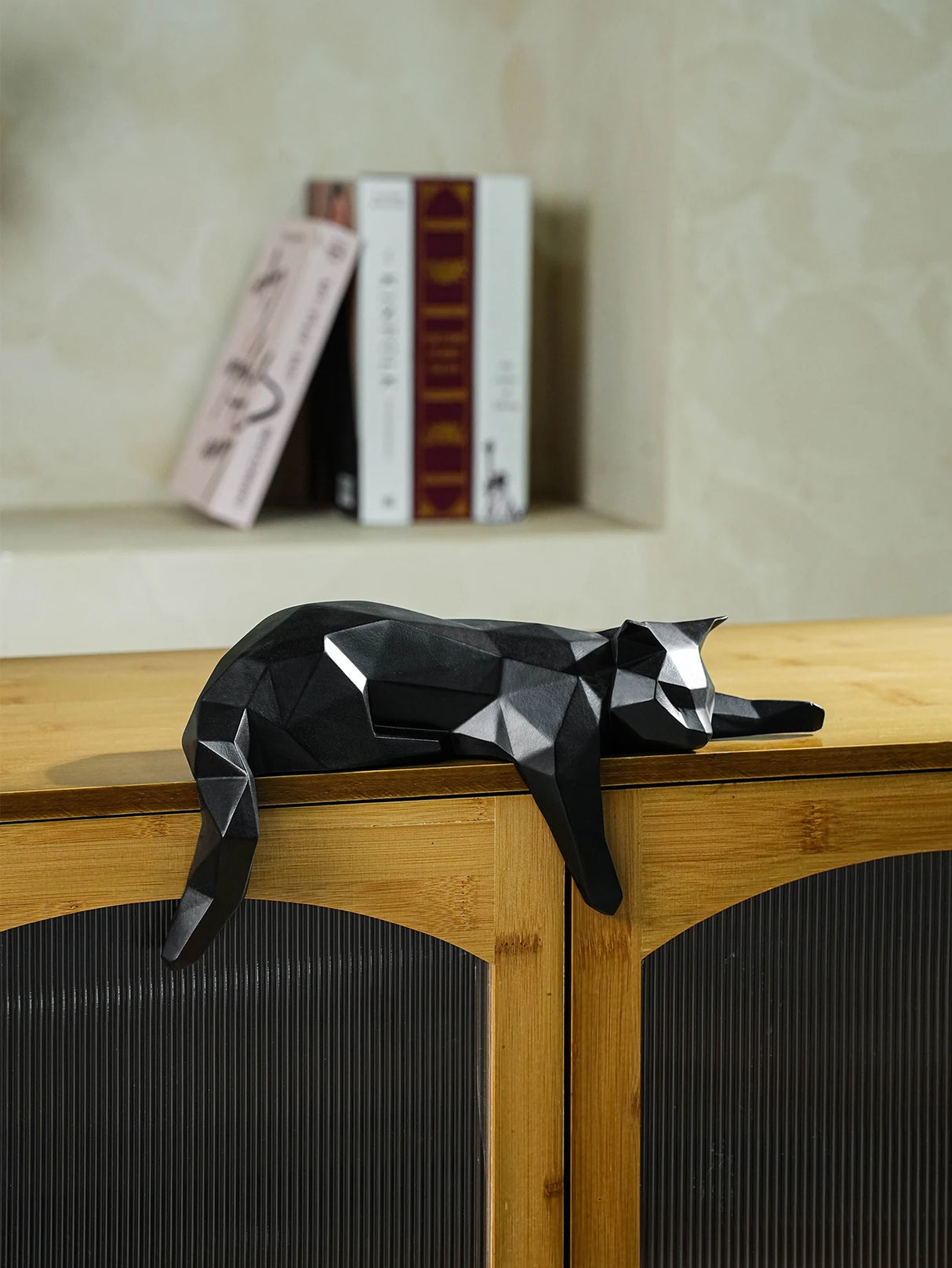 White Black Cat Statue - Geometric Modern Room Decor Figurine Sculpture for Home Office as Table Shelf Desk Decor Lying Cat