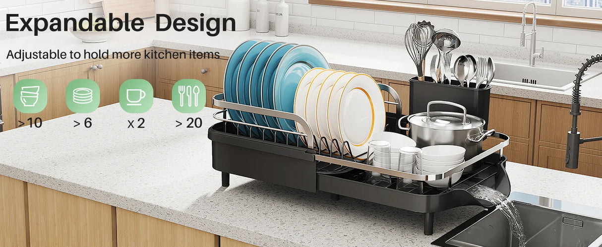 Dish Drying Rack, Expandable Dish Rack for Kitchen Counter, Stainless Steel Dish Drainer with Drainboard Set