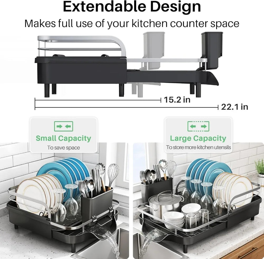 Dish Drying Rack, Expandable Dish Rack for Kitchen Counter, Stainless Steel Dish Drainer with Drainboard Set