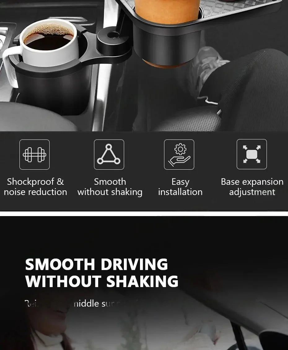 Car Cup Holder Expender Multi-Function Drink Holder with Food Table 360 Degree Adjustable Base Tray for Lunch Snack