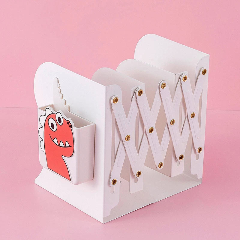 Adjustable Metal Bookends Desk Book Storage Stretch Book Holder With Pen Holder Office Supplies For Desktop Organization