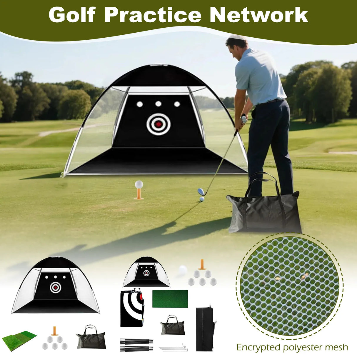 Golf Practice Tent Net 10x7ft Practice Net With Triturf Mat Golf Hitting Aid For Backyard Home Sports Equipment Chipping Swing