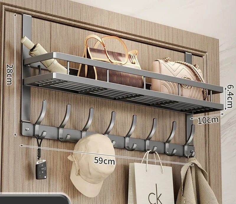 Home Multifunctional Metal Hook Door Hanger Over-The-Door Storage Rack With 6 Hooks & 1 Baskets For Hanging Clothes Wall Hanging