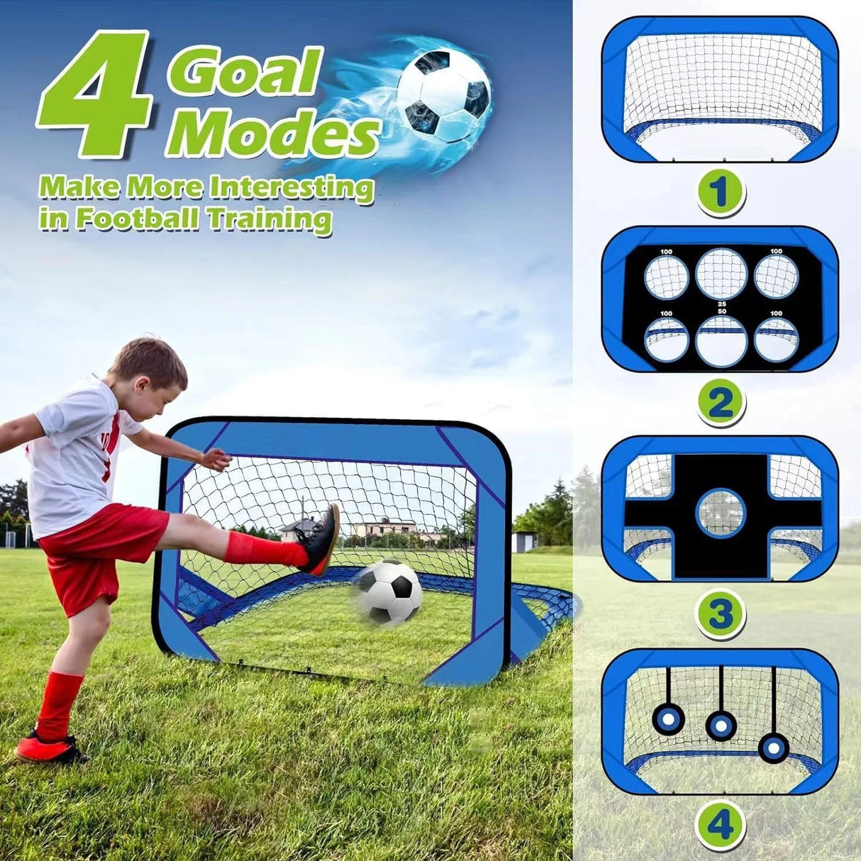 4 Modes Pop Up Kids Soccer Goal Net 4 in 1 Foldable Football Goal Indoor Outdoor for Improving Passing and Shooting Accuracy