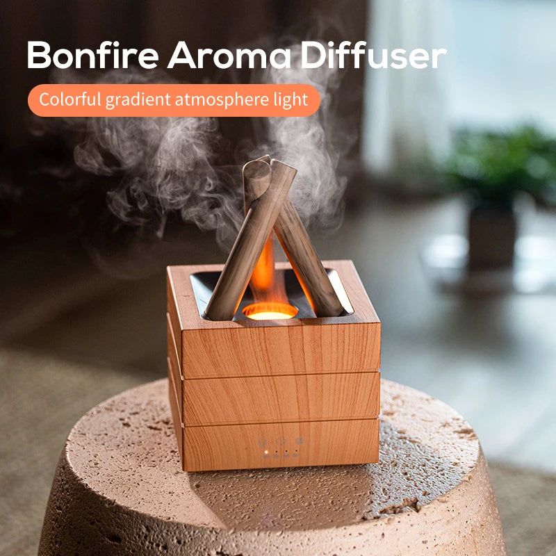Home campfire aroma diffuser 280ml, desktop USB air spray humidifier remote control colorful flame lamp essential oil diffuser.