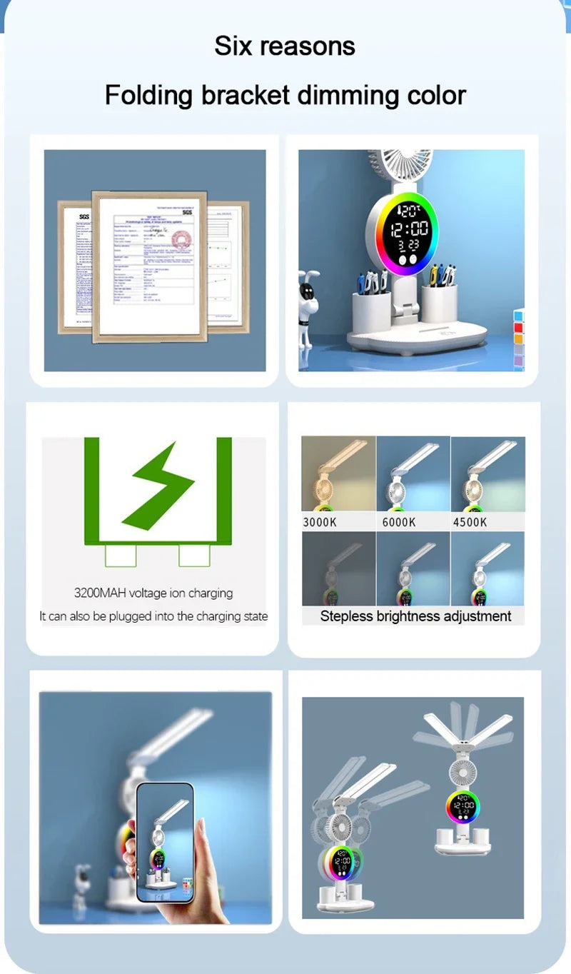 Rechargeable Led Table Lamp for Study Desk Lamp Reading Light Led Night Light with Fan Led Clock Dispaly Reading Desk Light
