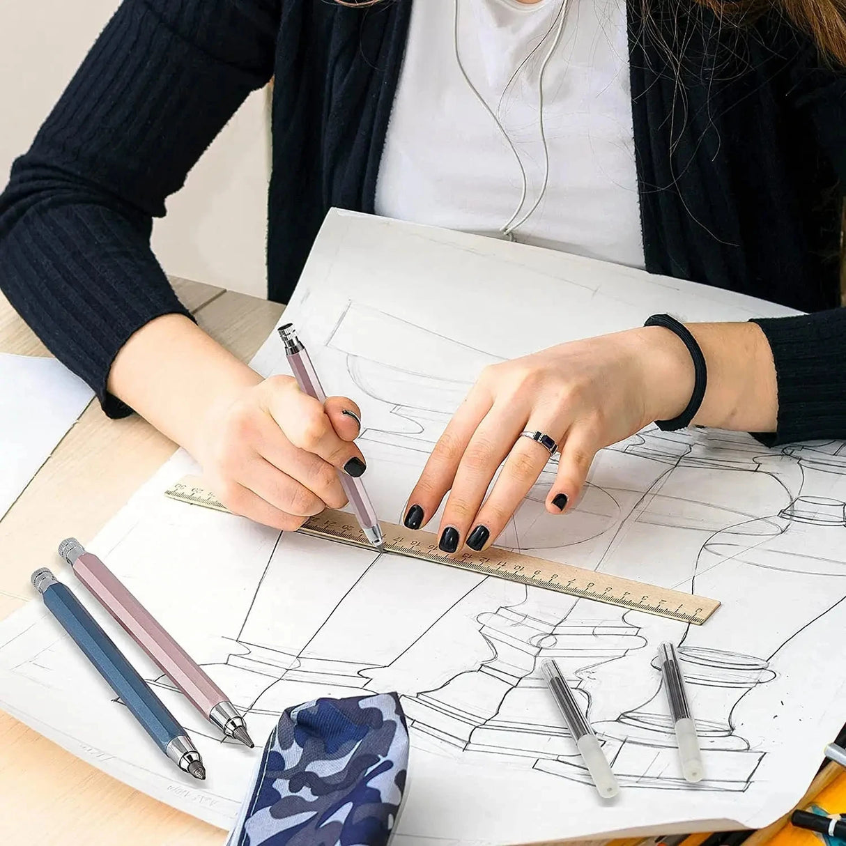 Metal Drawing Pencil with 2B 4B 6B 8B Leads Set Professional Art Sketch Mechanical Pencil Kawaii Stationery(1Pencil+1Lead) 5.6mm