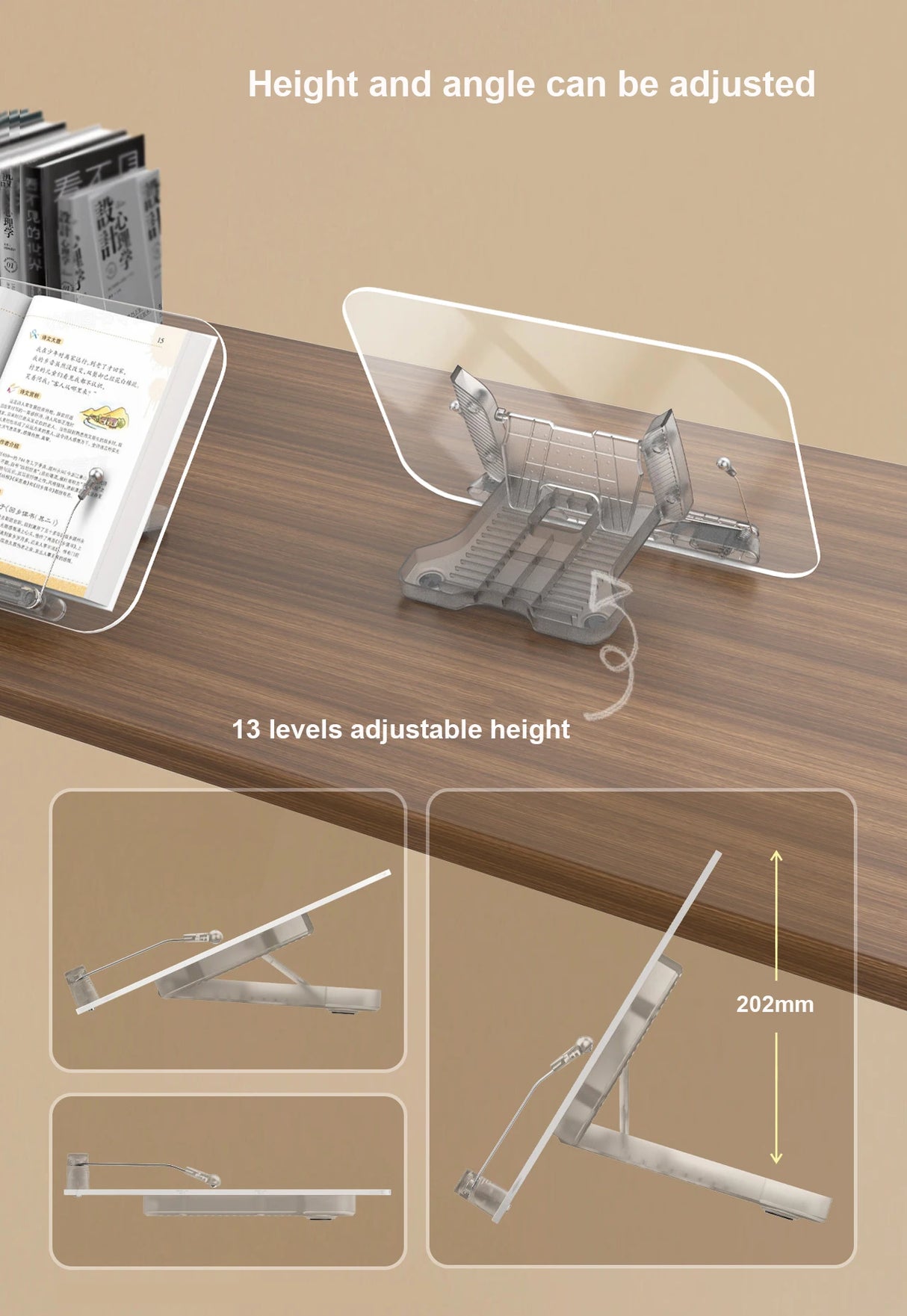 Book Stand for Reading, Adjustable Book Holder with 360° Swivel Base Foldable Stand Recipe Book Holder with Elastic Page Clips