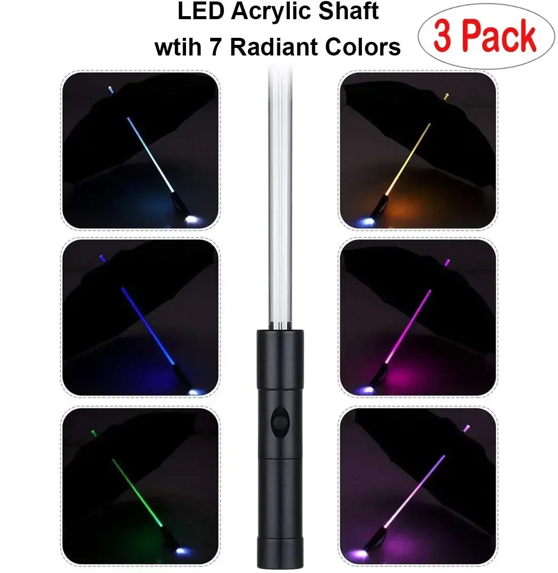 LED Light Up Umbrellas with Flashlight Handle, Clear, Black, Gray, Red