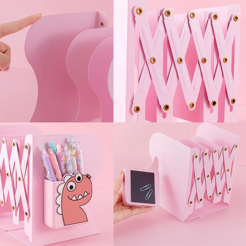 Adjustable Metal Bookends Desk Book Storage Stretch Book Holder With Pen Holder Office Supplies For Desktop Organization
