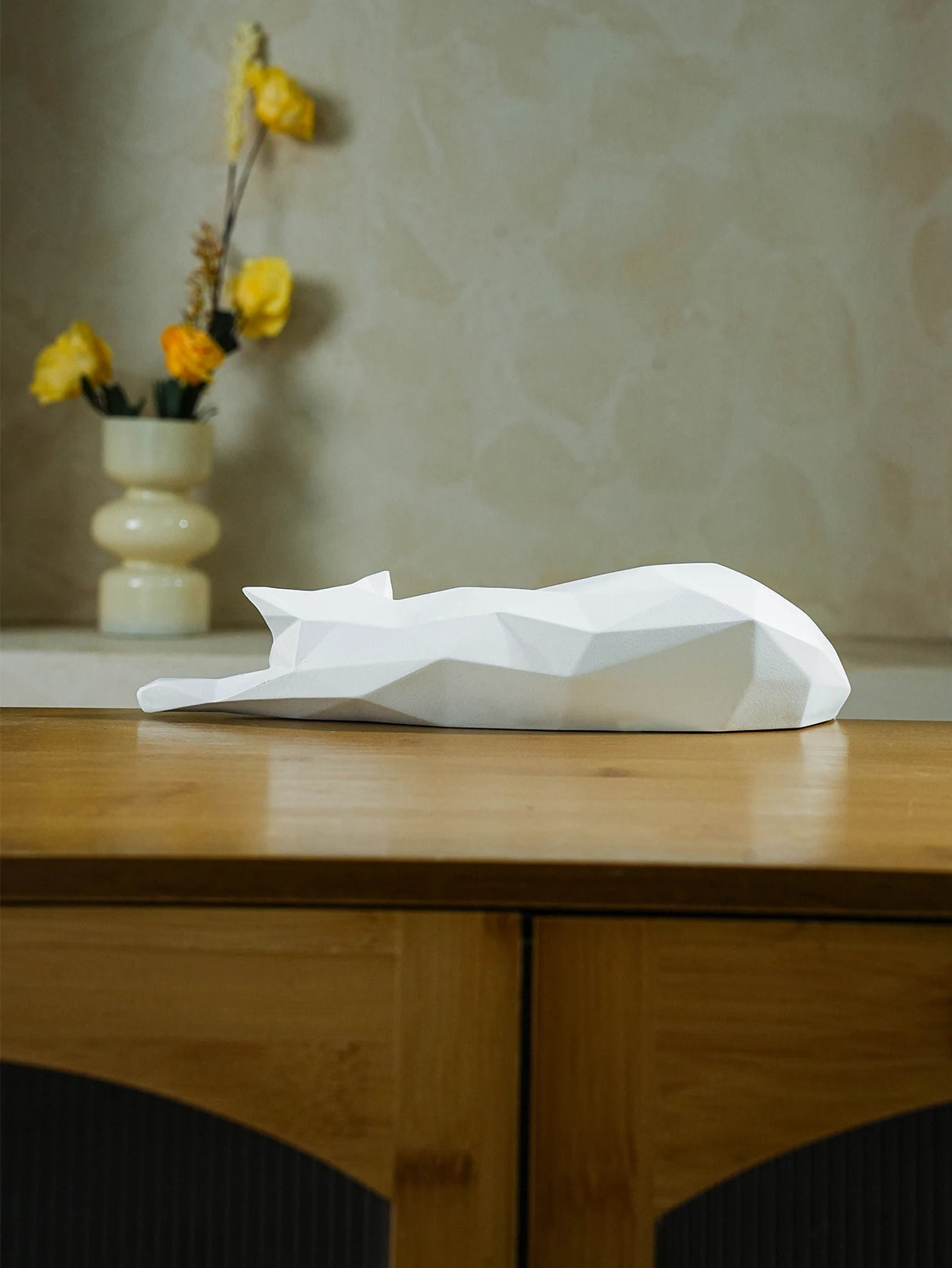 White Black Cat Statue - Geometric Modern Room Decor Figurine Sculpture for Home Office as Table Shelf Desk Decor Lying Cat
