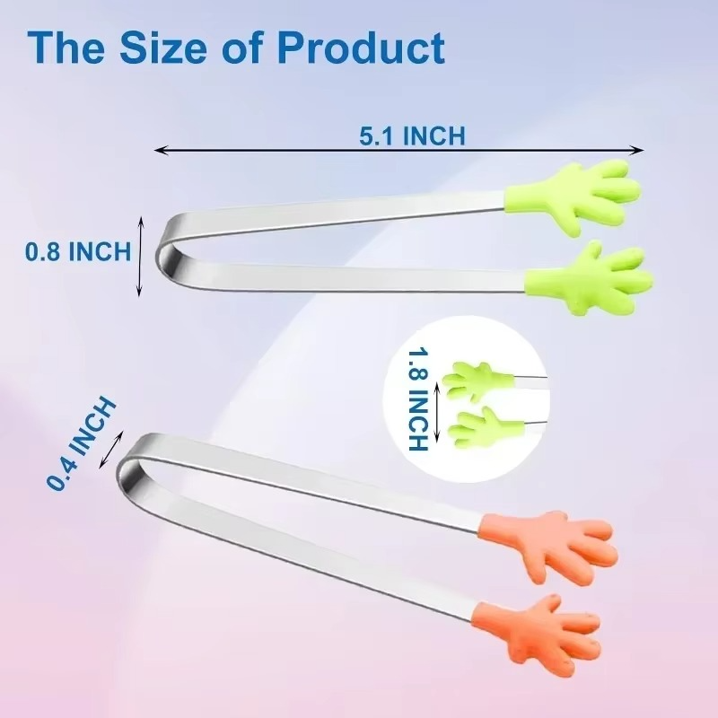 Silicone Mini Tongs, 5Inch Hand Shape Food Tongs, Colourful Small Kids Tongs for Serving Food, Ice Cube, fruits, Sugar, Barbecue