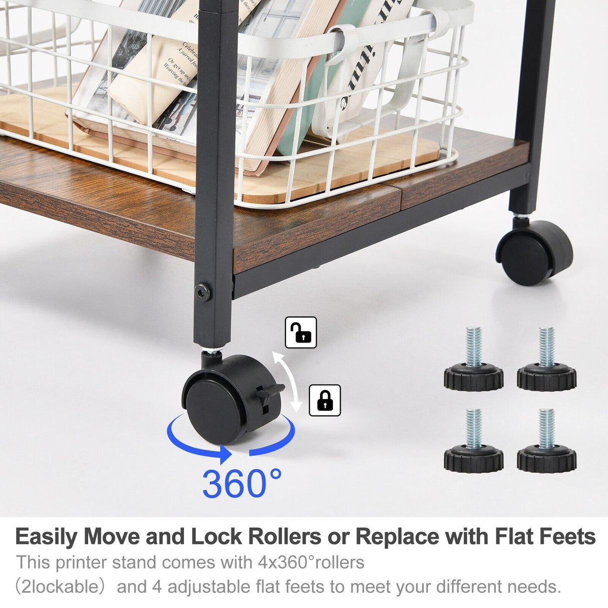 4 Tier Wooden Metal Desk Printer Stand Laptop with wheels Shelves Frame Storage
