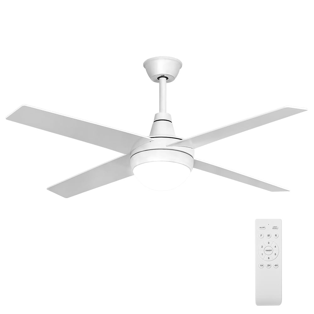 52" Ceiling Fan with Light Remote Control, Wood Ceiling Fans with 4 Blades, 6 Speed DC Motor, Indoor Outdoor Ceiling Fan for Patio, Bedroom, Living Room, Office, White
