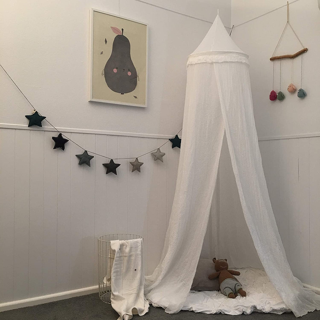 Soft White Hanging Bed Canopy with Tassels for Girls, Boys, Kids Rooms, Beds or Cribs. Nursery Decoration, Sheer Drapes for Child, Play, Reading or Hideaway Princess Tent