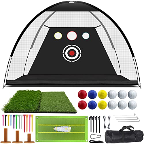 Golf Net, 10x7x3ft Golf Hitting Practice Nets Kit | with 2 Golf Training Mats, Including One for Swing Detection | Target Cloth, 15 Golf Tees, 12 Golf Balls | Driving Range for Backyard & Indoor