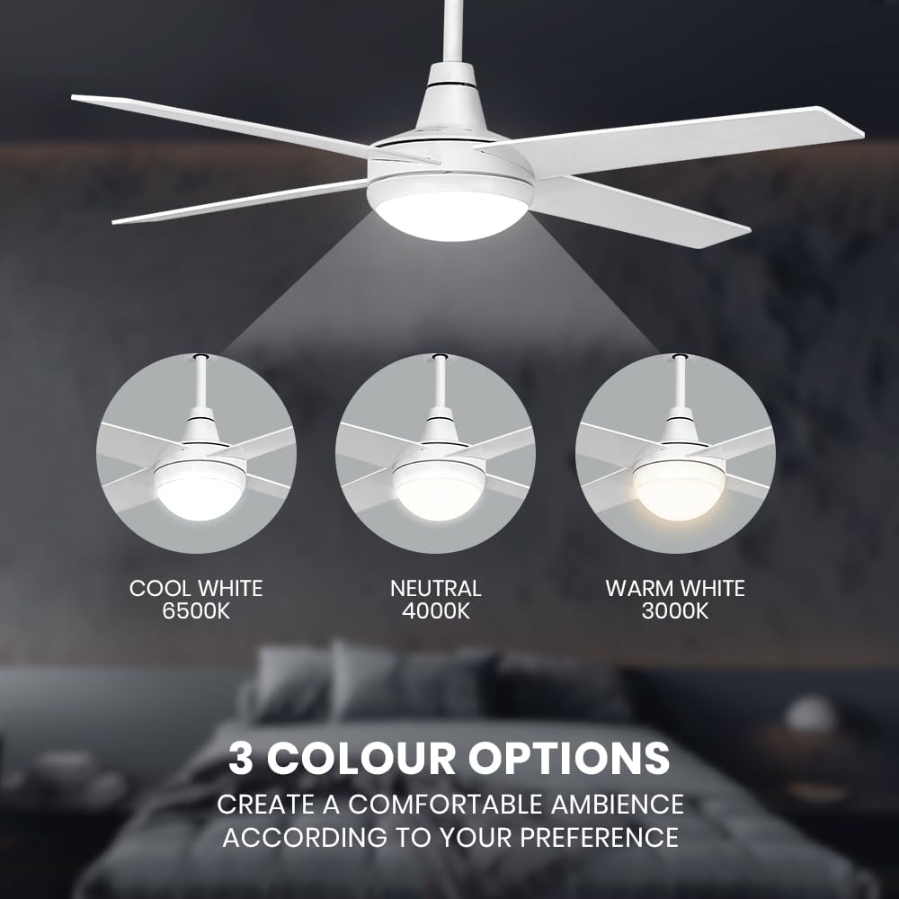 52" Ceiling Fan with Light Remote Control, Wood Ceiling Fans with 4 Blades, 6 Speed DC Motor, Indoor Outdoor Ceiling Fan for Patio, Bedroom, Living Room, Office, White