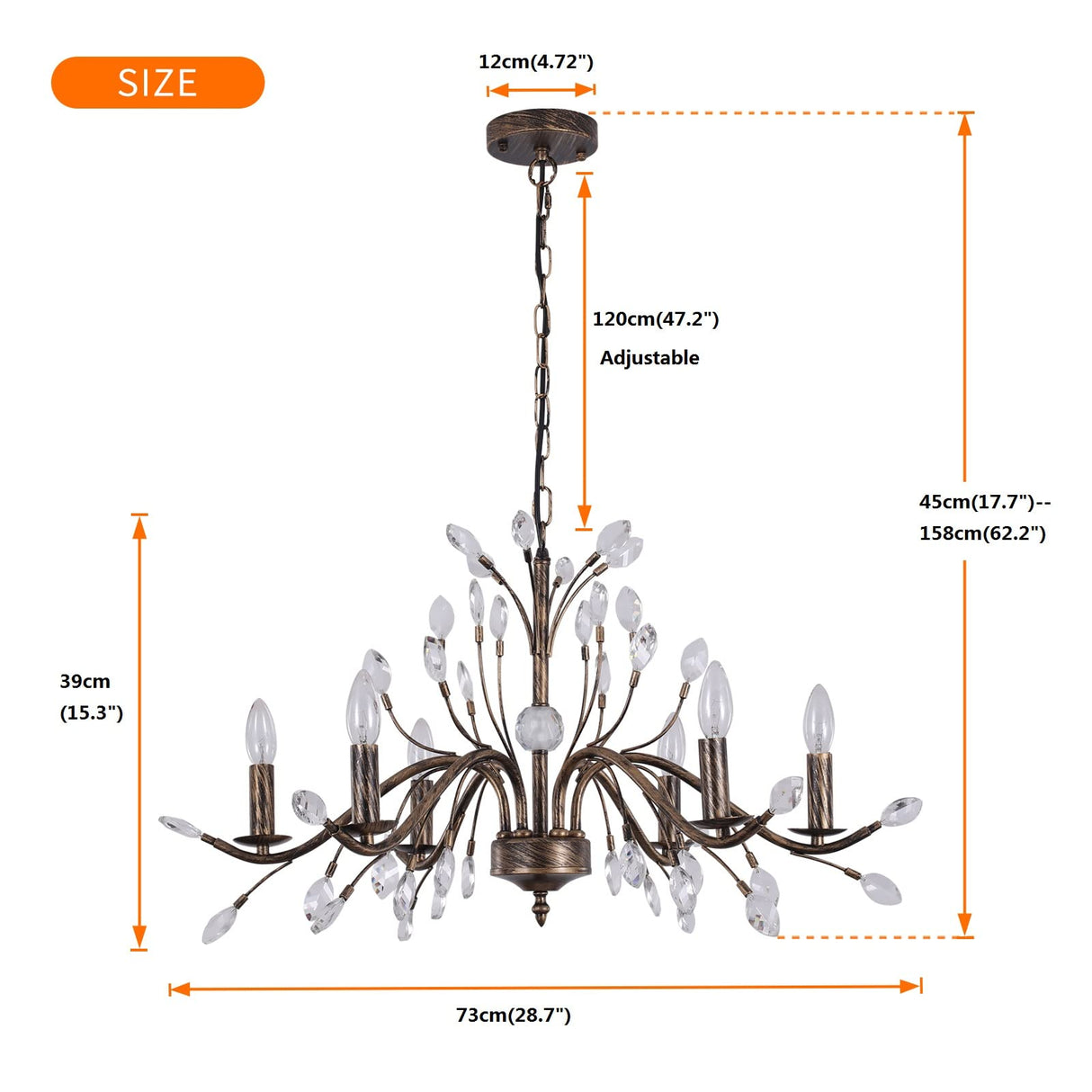 Bronze Farmhouse Crystal Chandelier, 6-Light Rustic Pendant Lighting Fixtures with Crystal Branch, Vintage French Country Chandeliers for Dining Room Living Room Kitchen Bedroom Restaurant