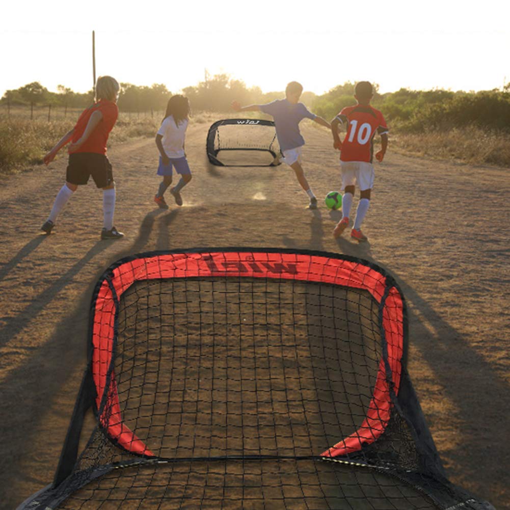 Pop Up Soccer Goals, Set of 2 Portable Kids Soccer Nets for Backyard Training and Team Game, 48x32 Inches Foldable Red/Black Goal Set with Carry Bag Includes Mesh Ball Compartment