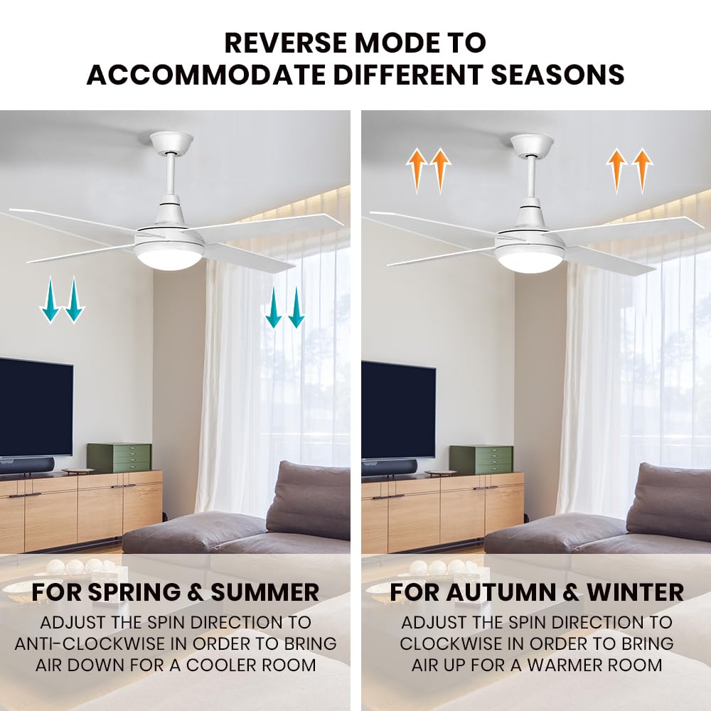 52" Ceiling Fan with Light Remote Control, Wood Ceiling Fans with 4 Blades, 6 Speed DC Motor, Indoor Outdoor Ceiling Fan for Patio, Bedroom, Living Room, Office, White