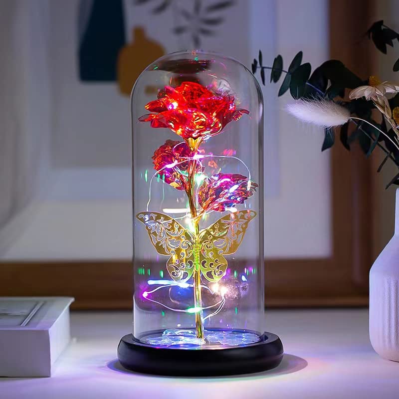Glass Preserved Eternal Rose, Birthday Gifts for Women, Artificial Colorful Rose with Led Light, Beauty and The Beast Dome, Mother's Day Birthday Gifts from Daughter (Red)
