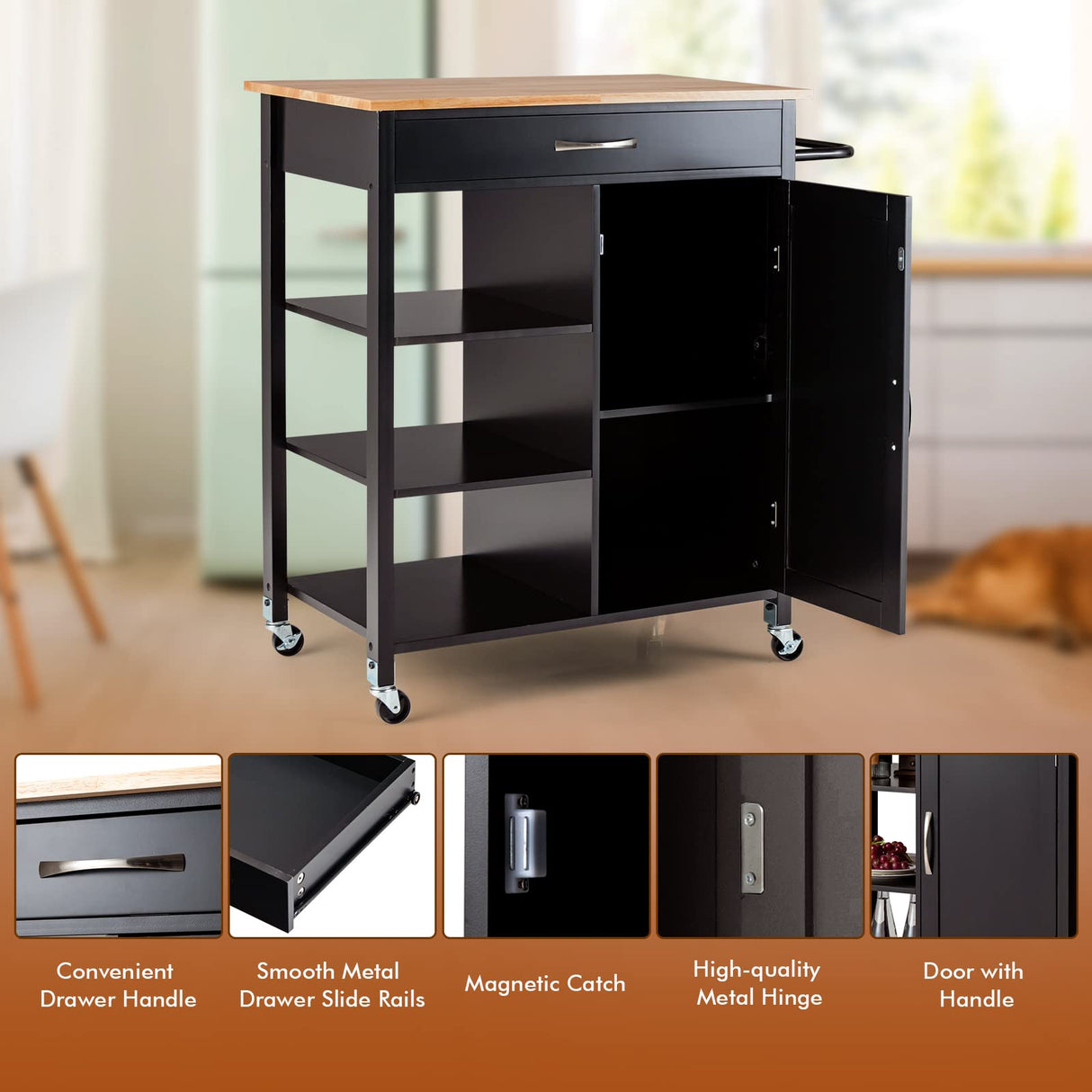 Kitchen Cart with Rubber Wood Top, Movable Kitchen Island with 3-Tier Open Shelf, Deep Drawer, Single Door Cabinet, Rolling Serving Cart for Kitchen Dining Room Bar (Brown)