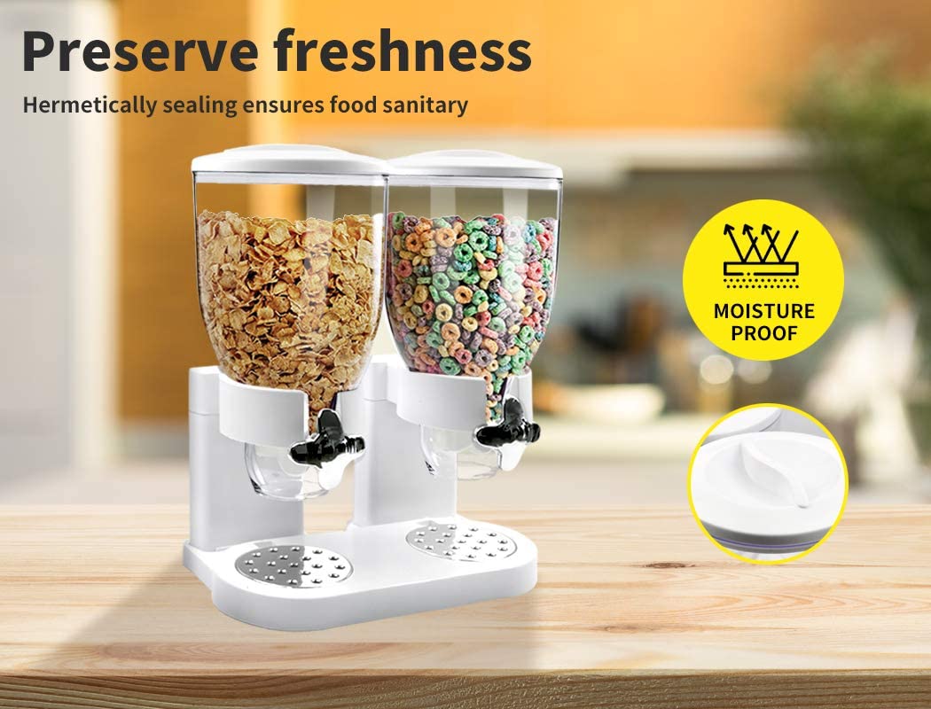 Double Cereal Dispenser Dry Food Storage Container Dispense Machine White White