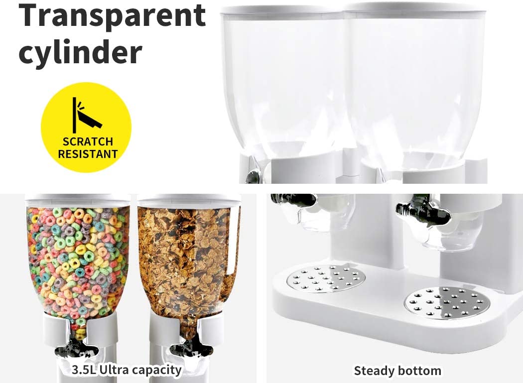Double Cereal Dispenser Dry Food Storage Container Dispense Machine White White