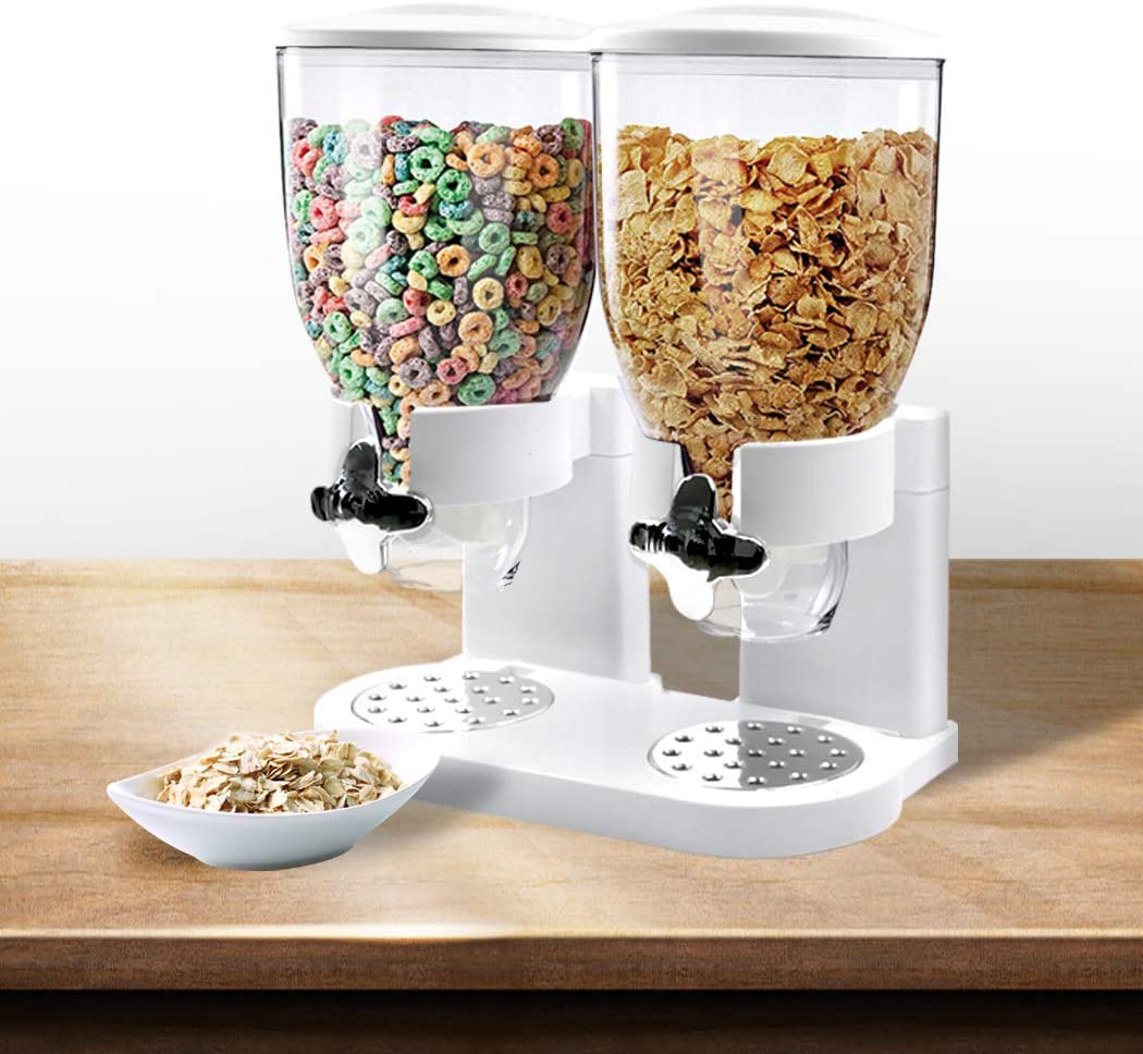 Double Cereal Dispenser Dry Food Storage Container Dispense Machine White White