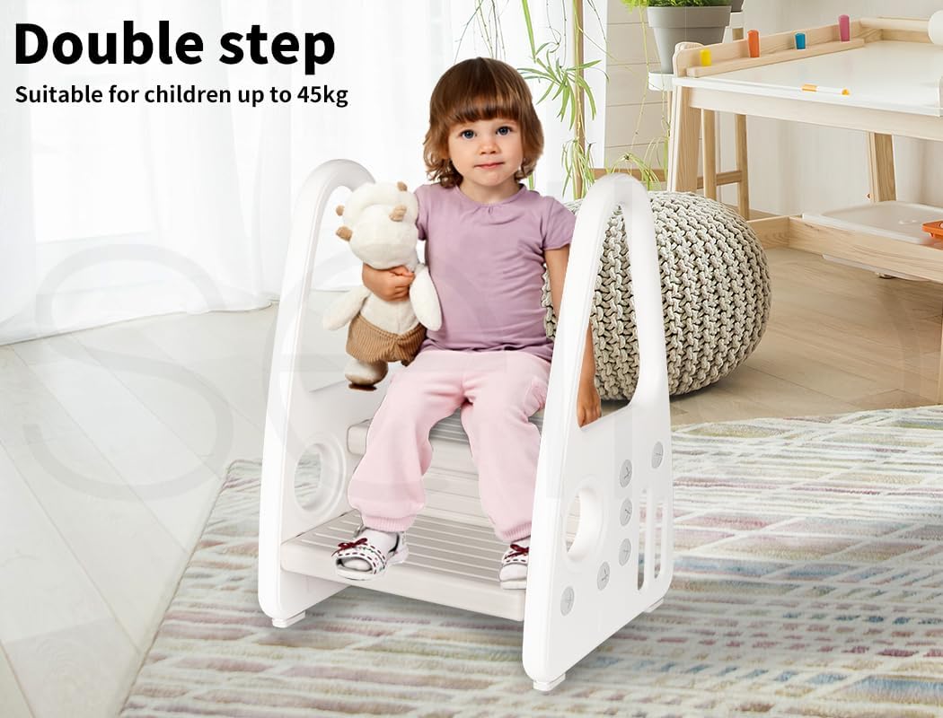 Kids Step Stool Double Toddler Ladder Handles Standing Chair Foot Toilet Child Kitchen Tower Two Steps Training