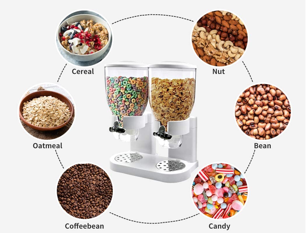Double Cereal Dispenser Dry Food Storage Container Dispense Machine White White