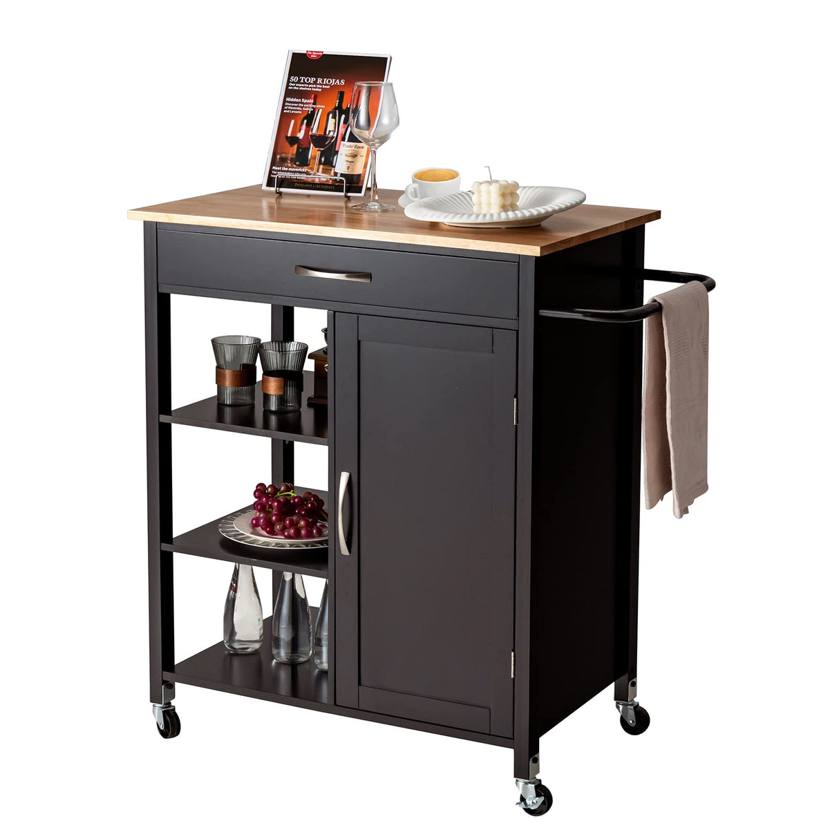 Kitchen Cart with Rubber Wood Top, Movable Kitchen Island with 3-Tier Open Shelf, Deep Drawer, Single Door Cabinet, Rolling Serving Cart for Kitchen Dining Room Bar (Brown)