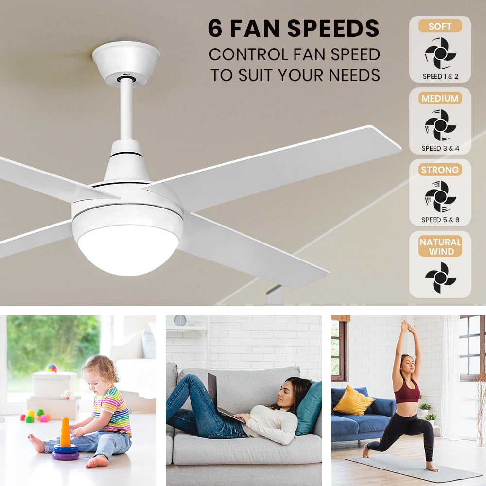 52" Ceiling Fan with Light Remote Control, Wood Ceiling Fans with 4 Blades, 6 Speed DC Motor, Indoor Outdoor Ceiling Fan for Patio, Bedroom, Living Room, Office, White