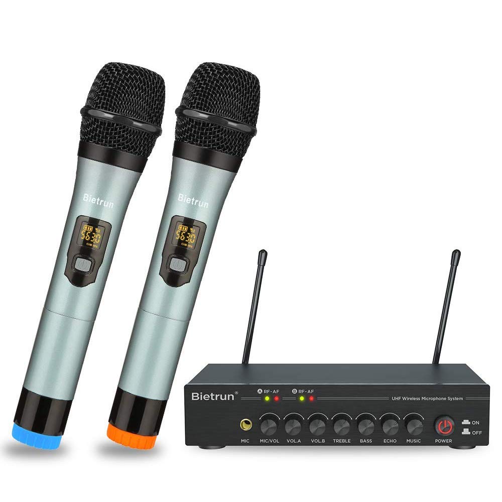 Wireless Microphones with Echo, Easy-to-Use, Auto Connect, 160 ft Range, 1/8''&1/4''Output, UHF Dual Channel Cordless Handheld Dynamic Mics System for Church,Wedding, Karaoke, Speech, Singing