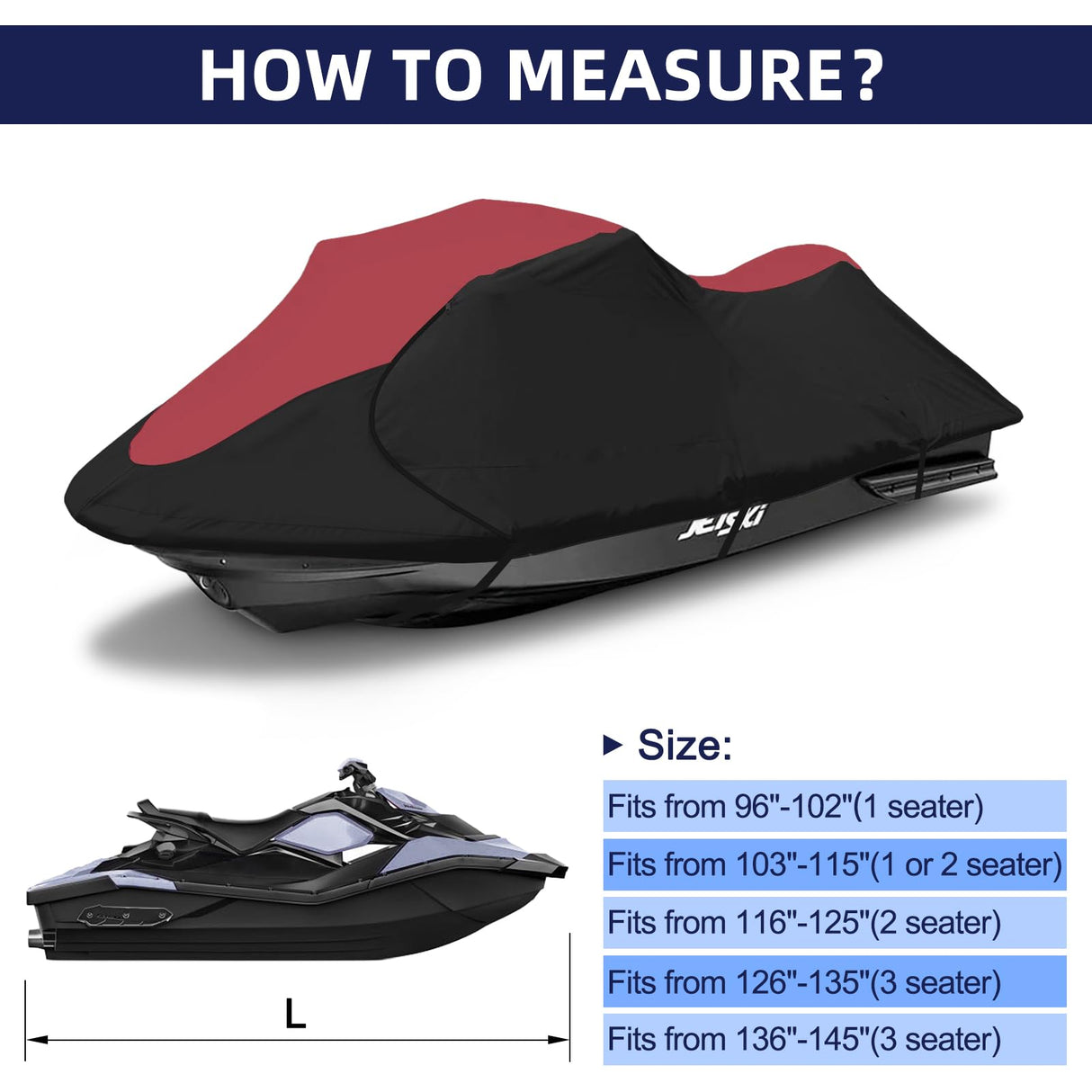 600D Jet Ski Cover - Trailerable Seadoo Cover, Waterproof Jetski Cover, PWC Cover Fits Seadoo, Yamaha, Kawasaki, Jet Ski Watercraft Cover Fits from 116"-125" (2 Seater), Red & Black