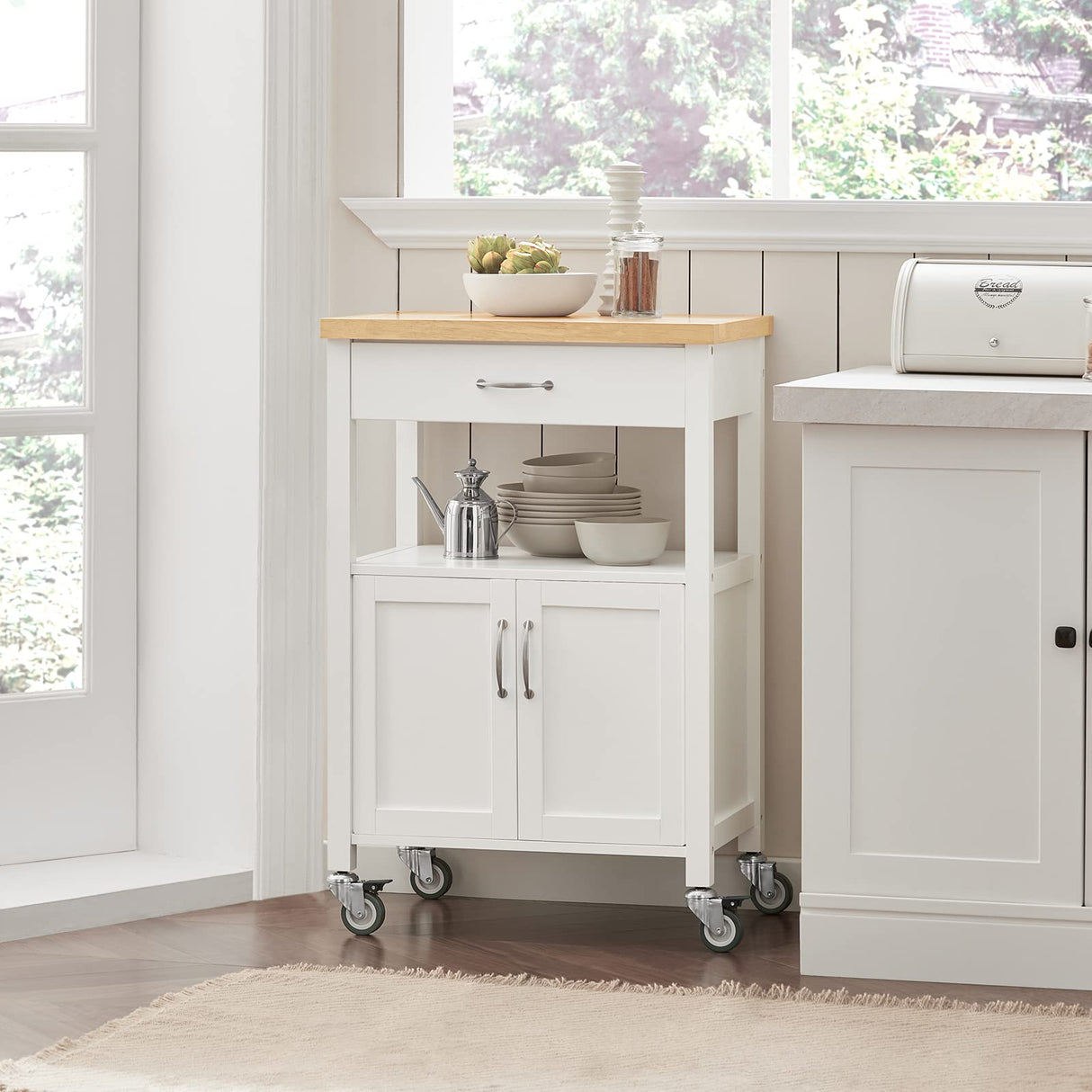 Kitchen Trolley Cart Storage Trolley Serving Trolley Kitchen Cabinet with Rubber Wood Worktop