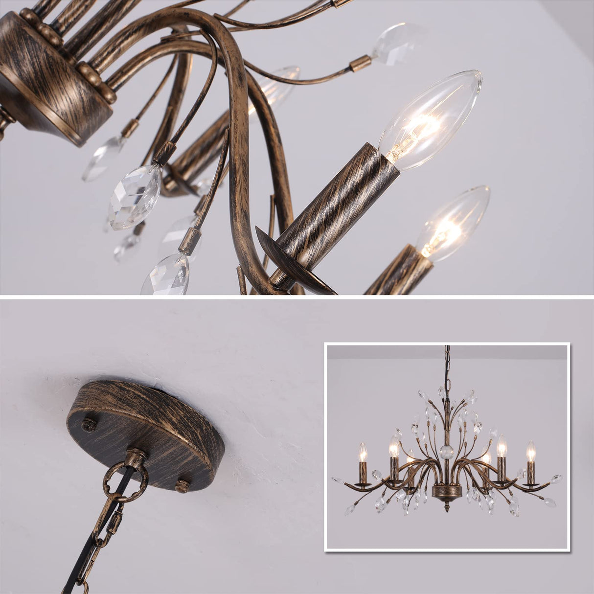 Bronze Farmhouse Crystal Chandelier, 6-Light Rustic Pendant Lighting Fixtures with Crystal Branch, Vintage French Country Chandeliers for Dining Room Living Room Kitchen Bedroom Restaurant