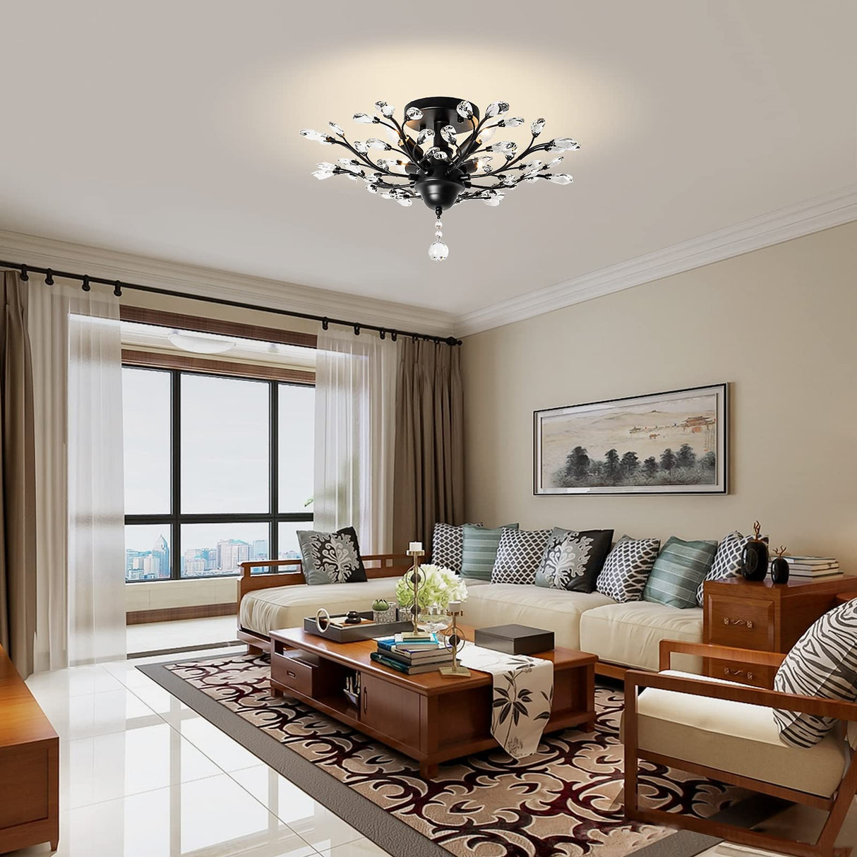 Ganeed Crystal Chandeliers,Vintage K9 Clear LED Ceiling Lighting,Edison Pendant Light Flush Mounted Fixture with 4 Light for Living Room Dinning Room Restaurant Porch Hallway (Black)