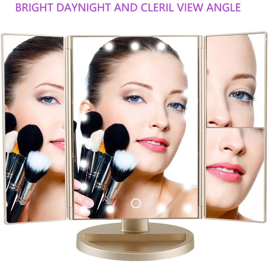 Tri-Fold Lighted Vanity Makeup Mirror with 21 LED Lights, Touch Screen and 3X/2X/1X Magnification Mirror, Two Power Supply Mode Tabletop Makeup Mirror, Travel Cosmetic Mirror (Gold)