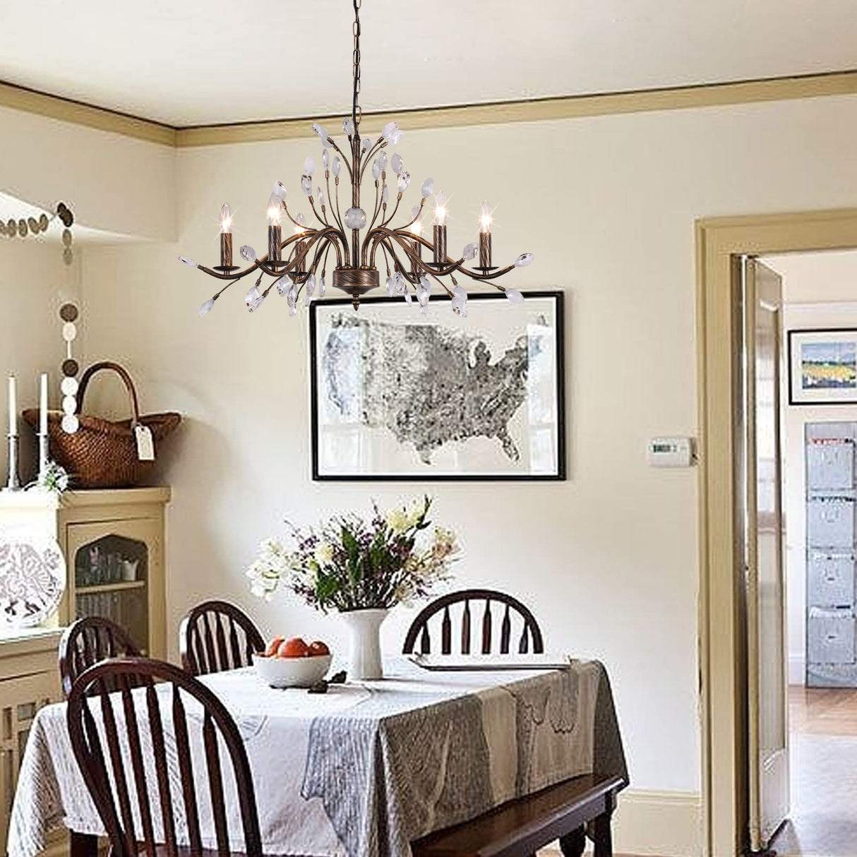 Bronze Farmhouse Crystal Chandelier, 6-Light Rustic Pendant Lighting Fixtures with Crystal Branch, Vintage French Country Chandeliers for Dining Room Living Room Kitchen Bedroom Restaurant