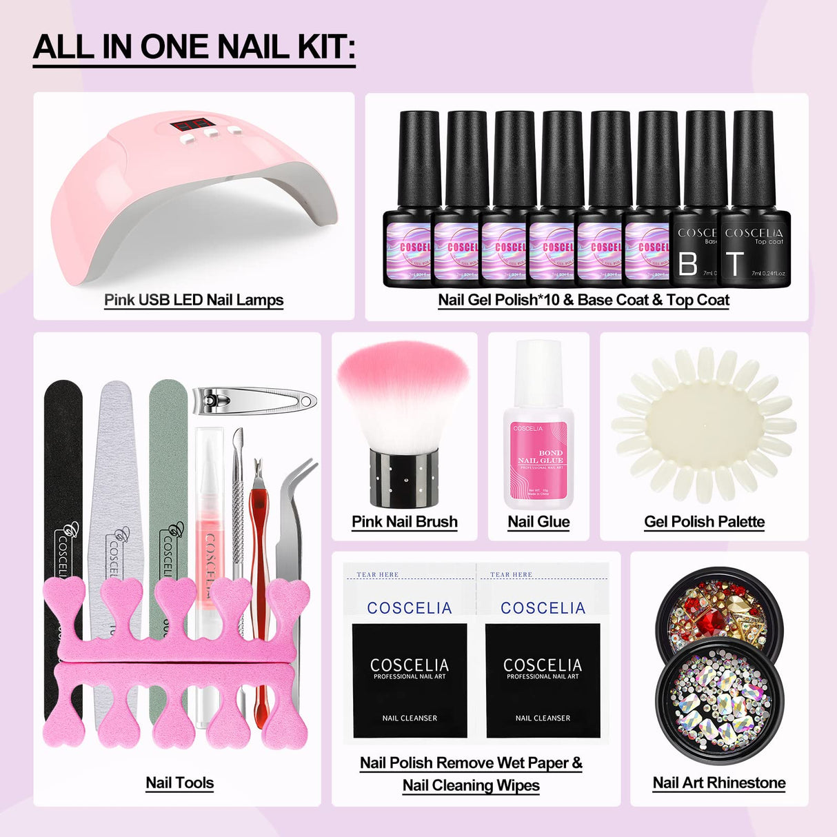 Gel Nail Polish Kit with U V Light, Gel Polish Starter Kit 10 Colors with 36W Nail Lamp and Base Top Gel Coat, Nail Design Kit Manicure Tools and Rhinestones, Decorations Nail Art DIY Set for Women