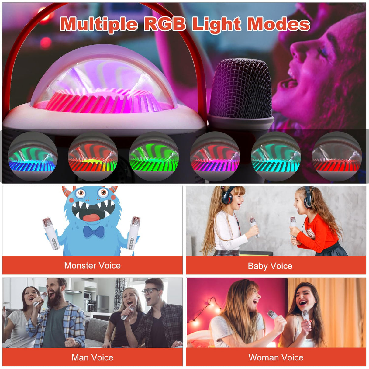 Bluetooth Karaoke Machine with Two Wireless Microphones, Portable Design with Large Battery, RGB Light Effects & Voice Changer, Bluetooth 5.0 Powerful Speaker, AUX and TF Card Input, White