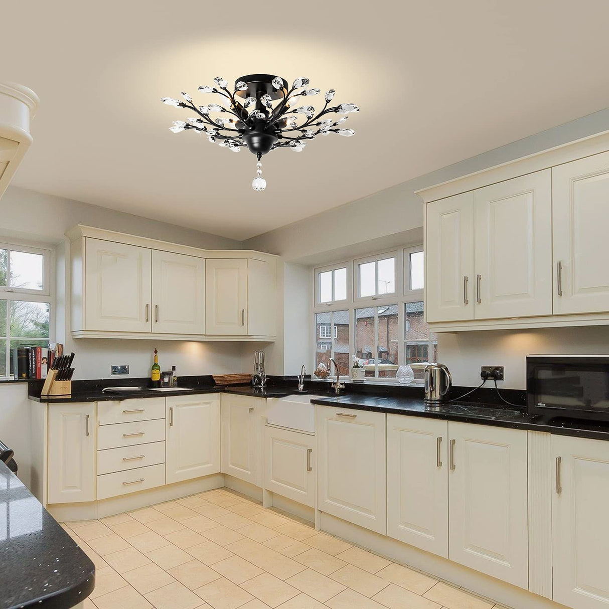 Ganeed Crystal Chandeliers,Vintage K9 Clear LED Ceiling Lighting,Edison Pendant Light Flush Mounted Fixture with 4 Light for Living Room Dinning Room Restaurant Porch Hallway (Black)