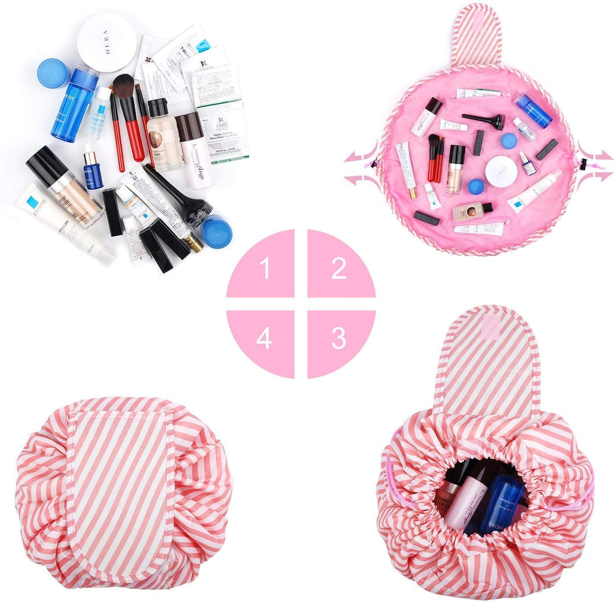Portable Lazy Drawstring Makeup Bag (Pink Stripe)
