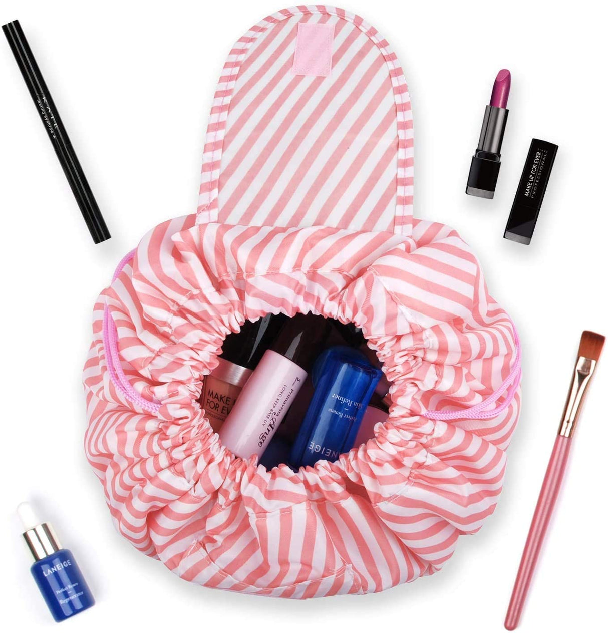 Portable Lazy Drawstring Makeup Bag (Pink Stripe)