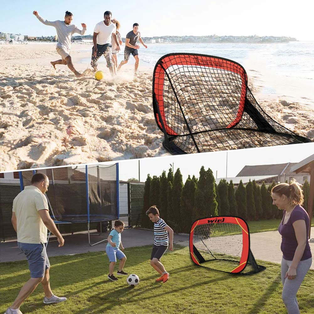 Pop Up Soccer Goals, Set of 2 Portable Kids Soccer Nets for Backyard Training and Team Game, 48x32 Inches Foldable Red/Black Goal Set with Carry Bag Includes Mesh Ball Compartment