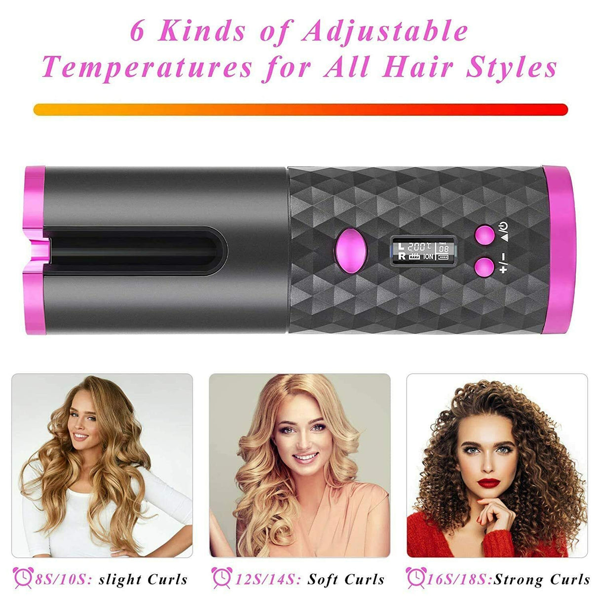 Wireless Auto Hair Curler, LED Temperature Display and Timer/USB Rechargeable/Auto Shut-Off Hair Curling Iron Curler /Ceramic Barrel Portable Wireless Automatic Hair Curler for Travel